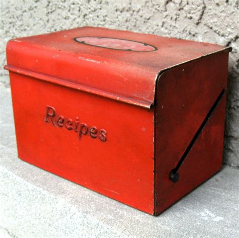 metal recipe box with hinged lid|wooden recipe box with metal lid.